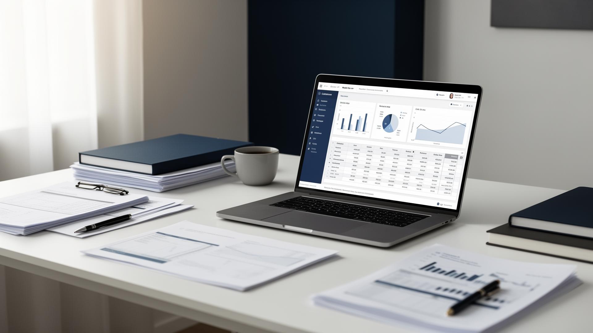 Organized bookkeeping workspace with financial dashboard